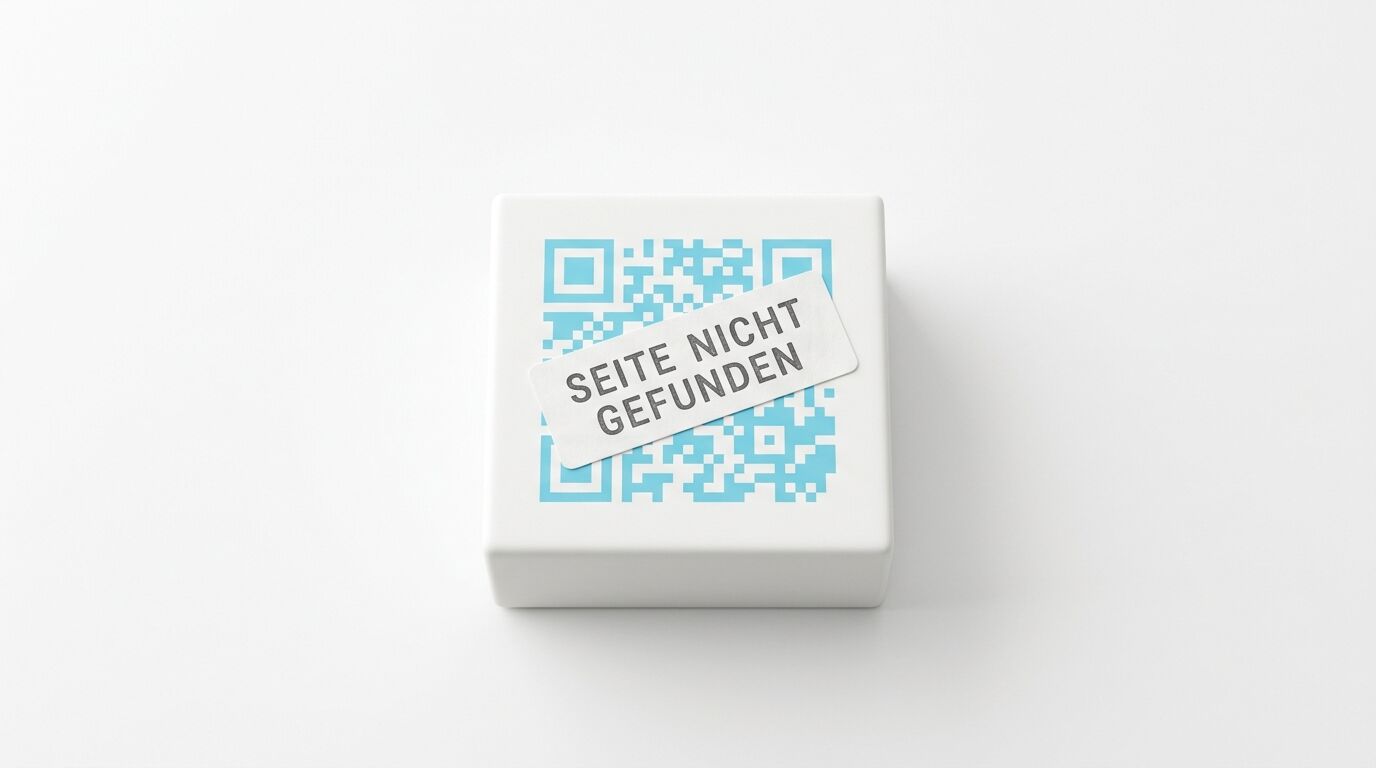 Weißer quadratischer Behälter mit blauem QR-Code und deutschem Text "SEITE NICHT GEFUNDEN" auf grauem Hintergrund