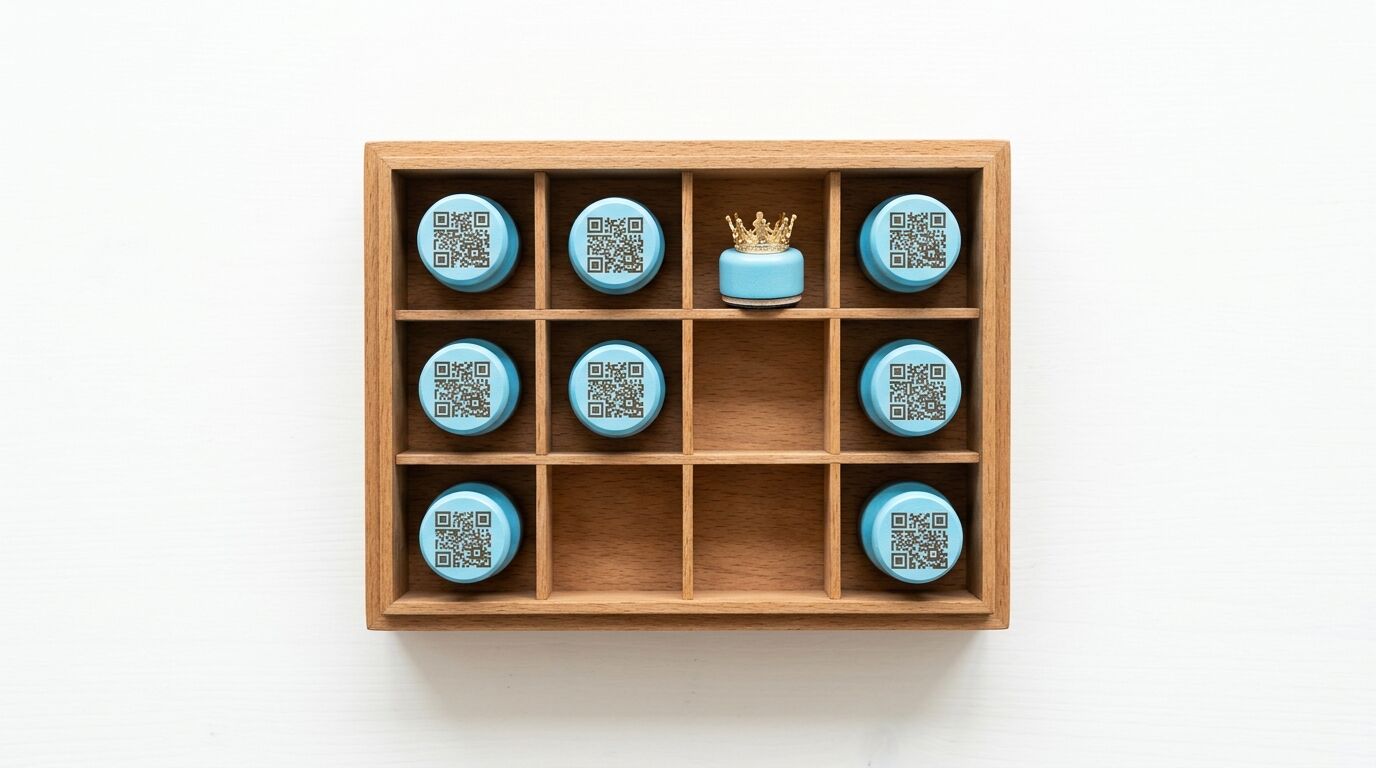 Holzregal mit 12 Fächern, 9 blauen QR-Code-Kugeln und einer gekrönten Kugel in der Mitte