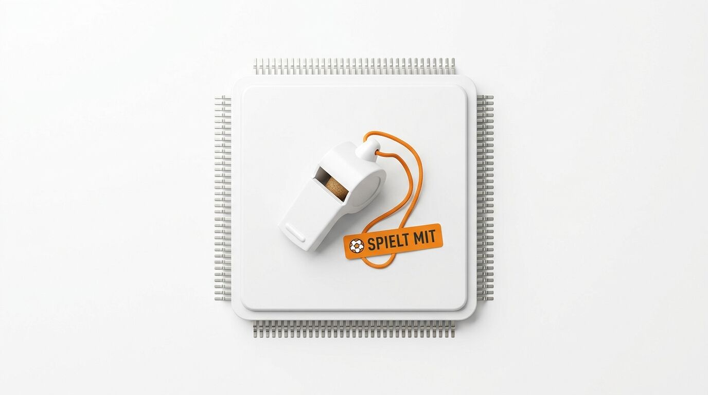 Weiße Pfeife auf weißem Prozessor mit orangefarbenem Anhänger und Aufschrift „SPIELT MIT“