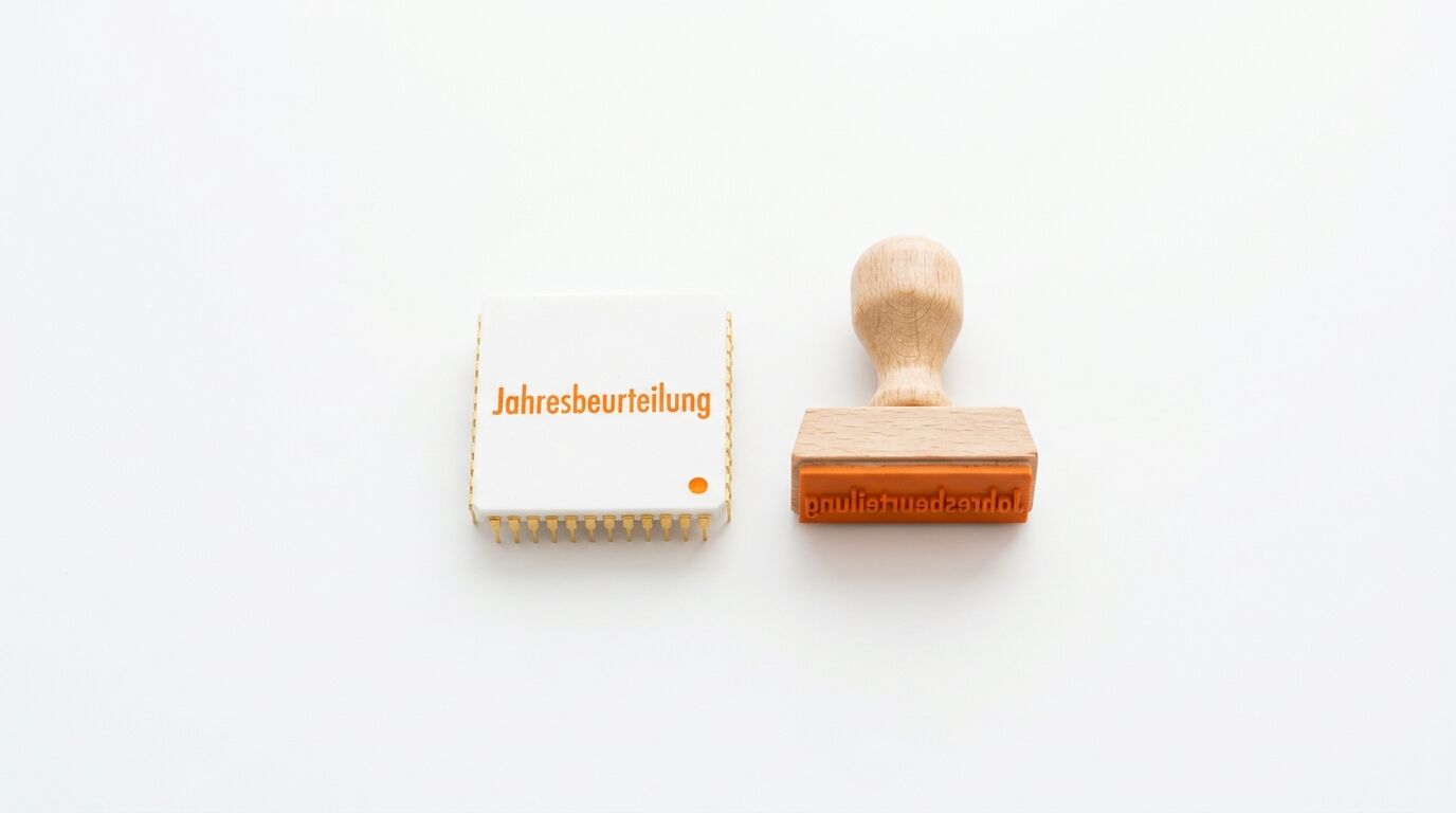 Ein Mikrochip mit der Aufschrift „Jahresbeurteilung“ und ein hölzerner Stempel auf weißem Grund