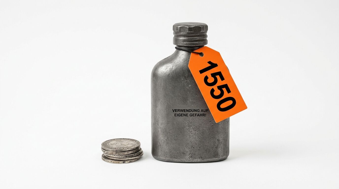 Zinnflasche mit Warnaufschrift und orangem Anhänger (1550) neben Geldstapel vor weißem Hintergrund