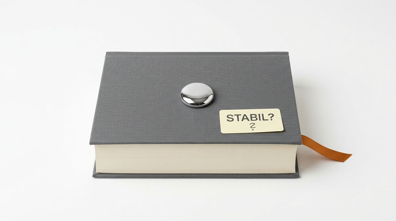 Graues Buch mit Chromknopf und Notizzettel „STABIL?“ auf weißem Grund