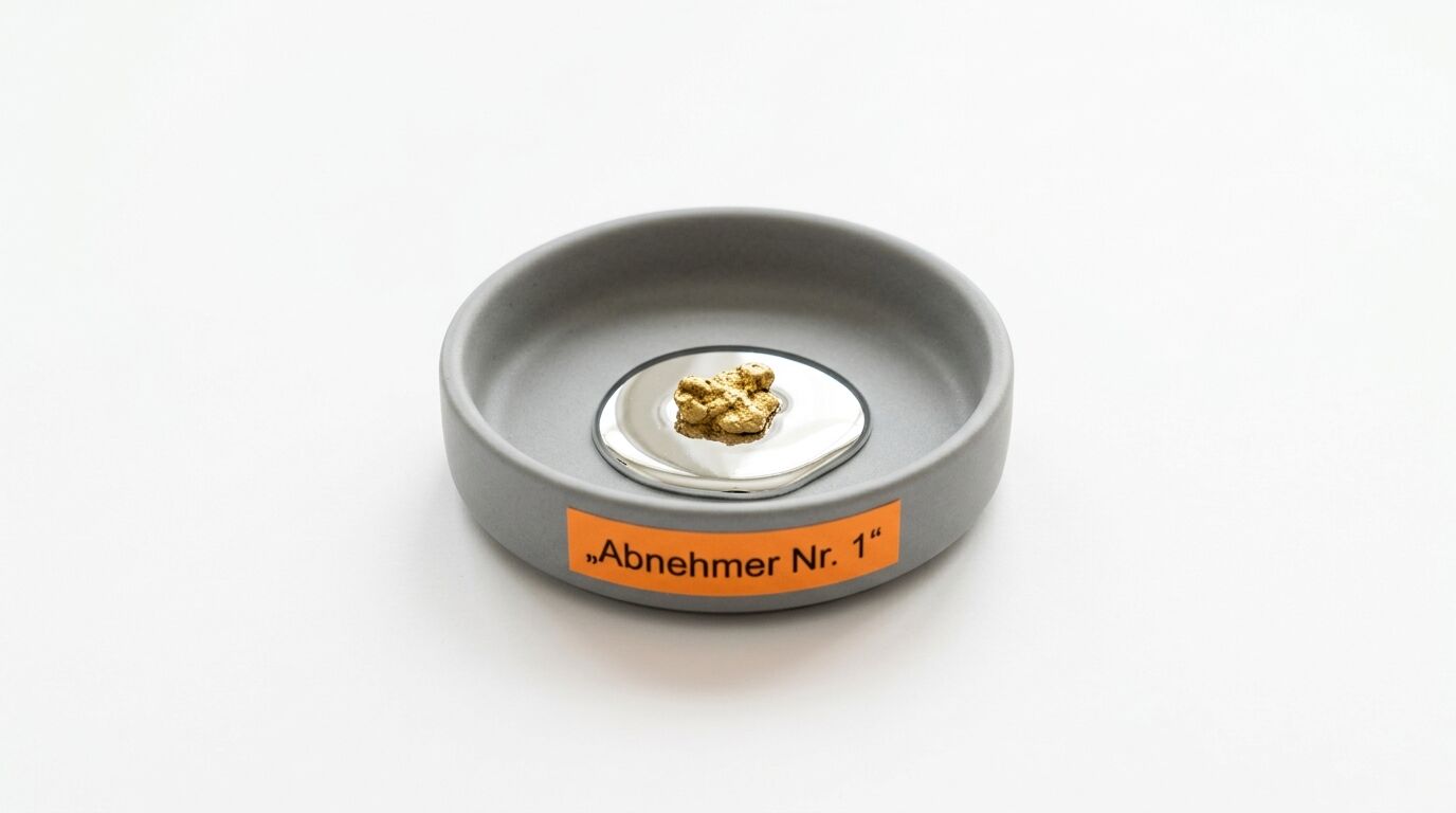 Ein Goldnugget liegt in flüssigem Quecksilber in einer Schale mit der Aufschrift „Abnehmer Nr. 1“