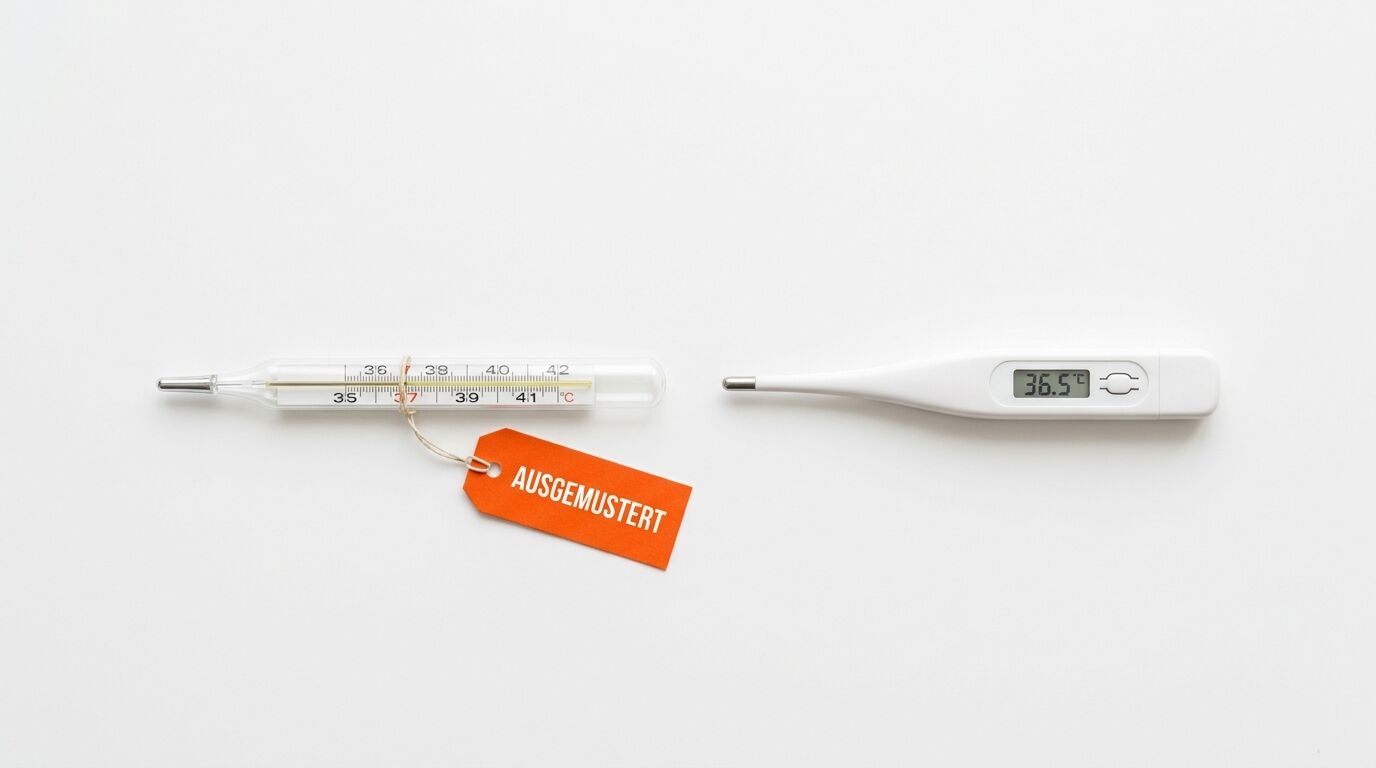 Analog-Fieberthermometer mit Etikett „AUSGEMUSTERT“ und Digitalthermometer mit 36.5°C Anzeige