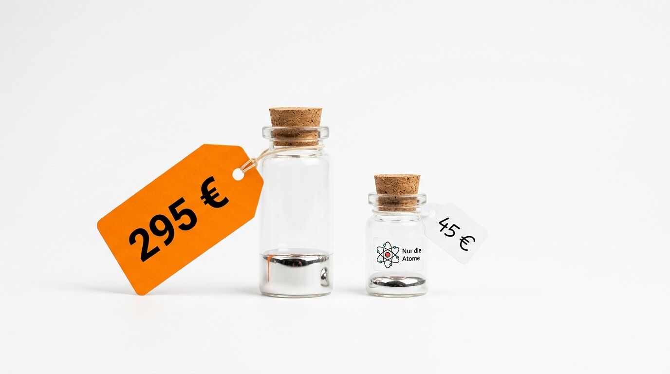 Zwei Glasflaschen mit Korken und Preisschildern vor weißem Hintergrund