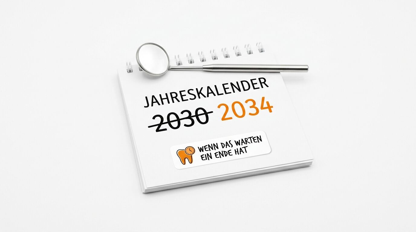 Kalender mit Zahnarztspiegel. 2030 durchgestrichen, 2034 orange. Text: „WENN DAS WARTEN EIN ENDE HAT“