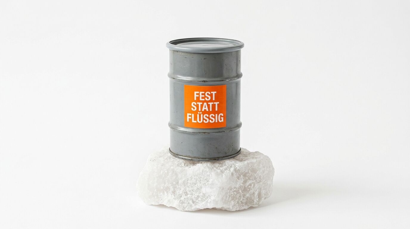 Ein graues Metallfass mit dem Aufdruck „Fest statt Flüssig“ steht auf einem weißen Kristallbrocken
