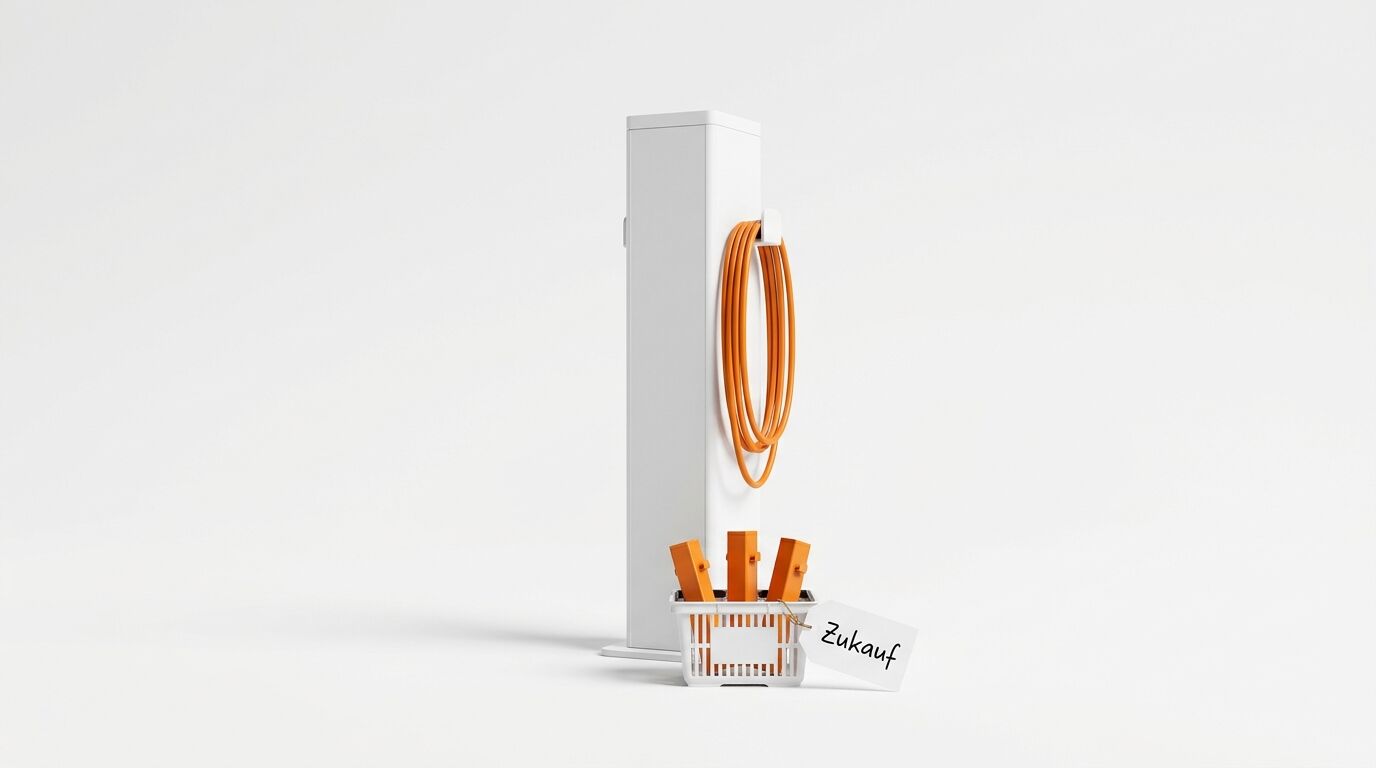 Ladesäule mit orangem Kabel, Einkaufskorb und Anhänger mit Aufschrift „Zukauf“ auf weißem Grund