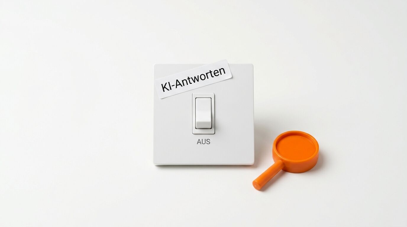 Lichtschalter in Position „AUS“ mit Label „KI-Antworten“ und Lupe daneben