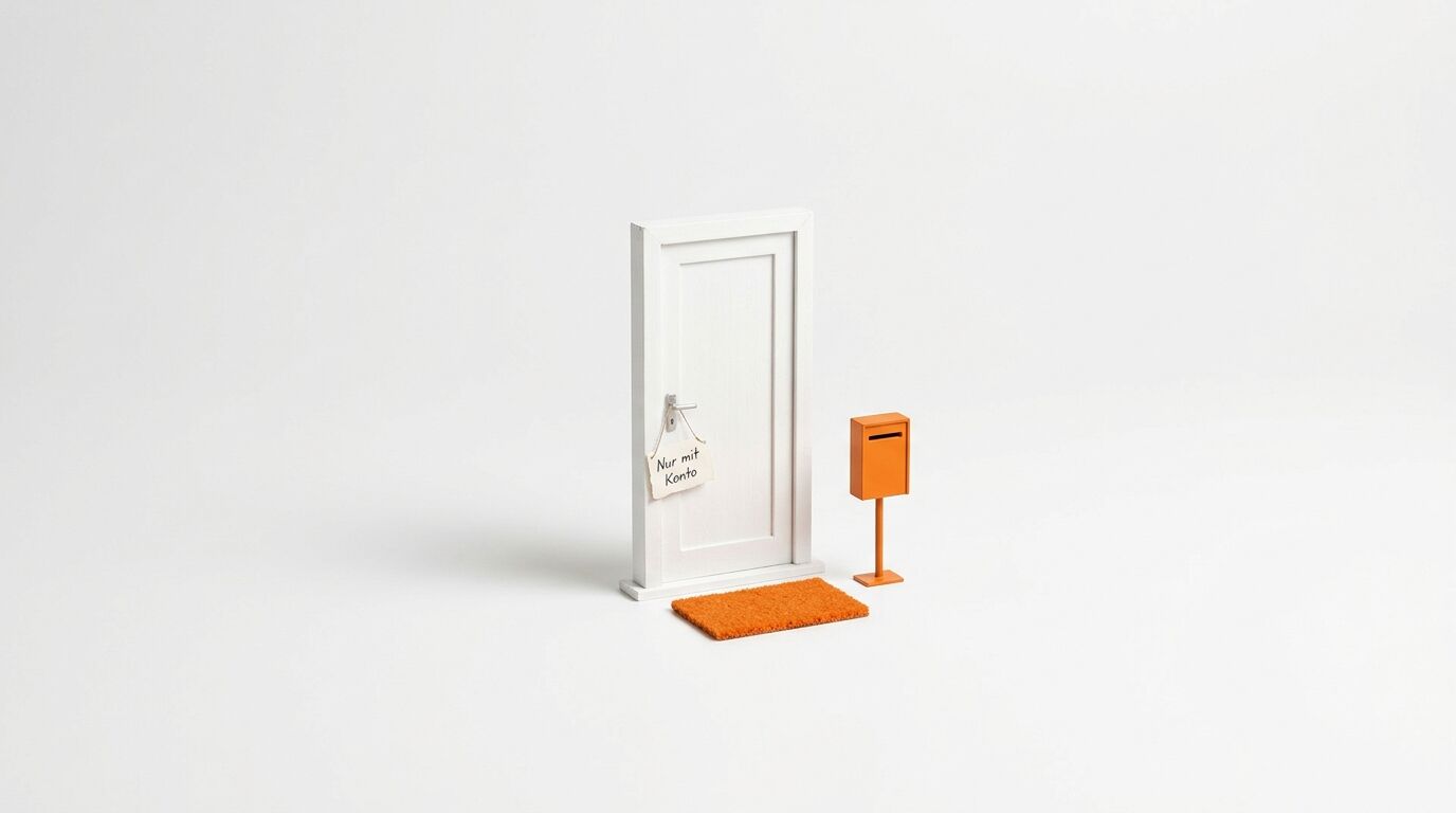Modelltür mit „Nur mit Konto“-Schild, Fußmatte und Briefkasten auf weißem Grund