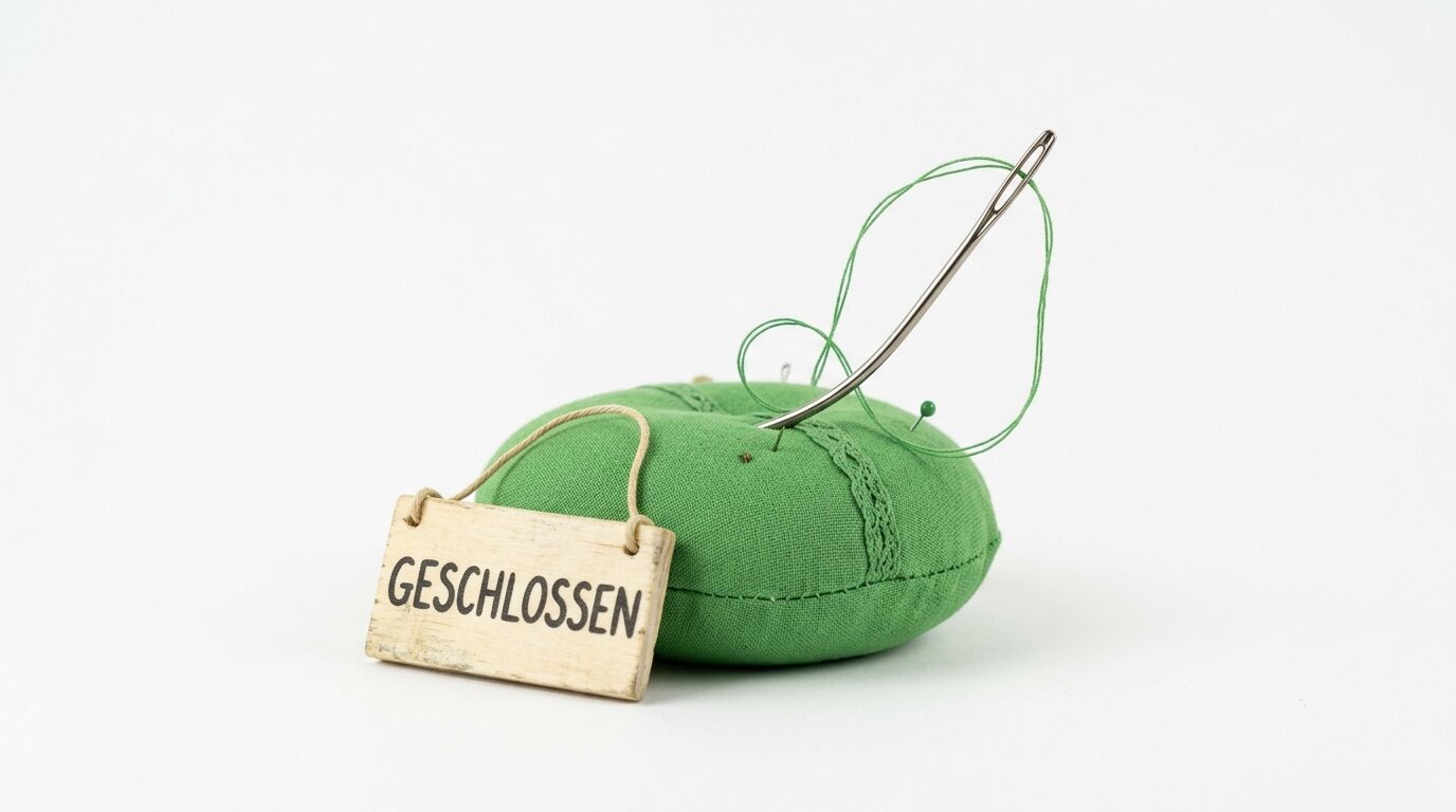 Nadelkissen, Nadel, Faden, Holzschild mit Aufschrift „GESCHLOSSEN“, weißer Hintergrund