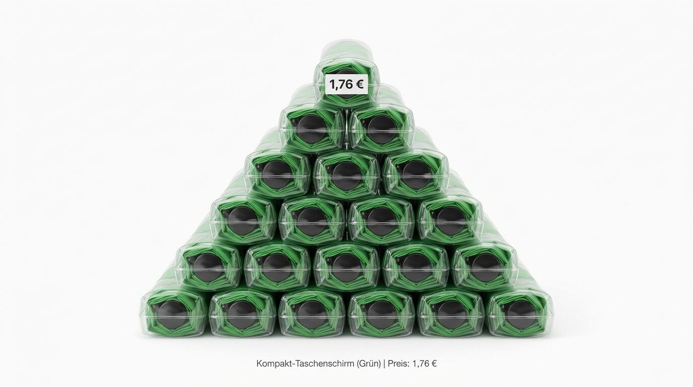 Stapel grüner Taschenschirme im Karton, einer mit Preisschild 1,76 € oben