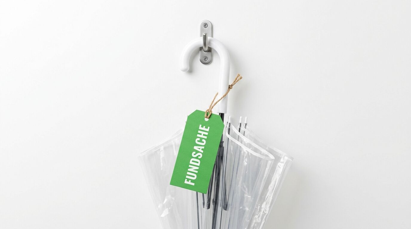 Ein hängender Schirm mit einem grünen Schild mit der Aufschrift „FUNDSACHE“