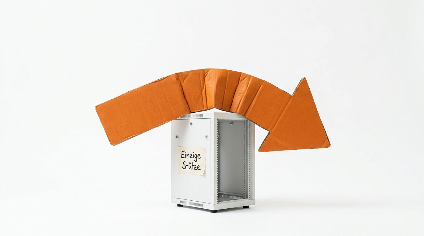 Ein kleiner Serverschrank mit der Aufschrift „Einzige Stütze“ stützt einen geknickten Kartonpfeil