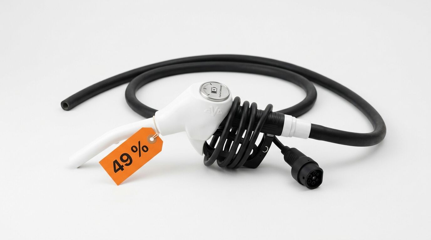 Ein weißer Wasserhahn, ein oranger 49%-Anhänger, schwarze Schläuche, ein Stecker auf weiß
