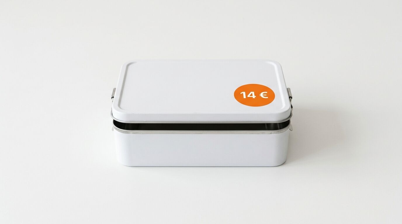 Weiße Lunchbox aus Metall mit 14 € Preisaufkleber auf weißem Grund