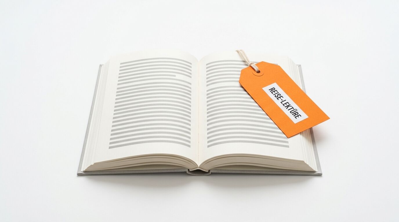 Ein offenes Buch mit einem orangefarbenen Anhänger „REISE-LEKTÜRE“ auf weißem Hintergrund