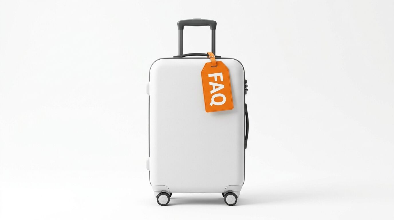 Weißer Rollkoffer mit orangefarbenem Anhänger und Aufschrift „FAQ“ vor weißem Hintergrund