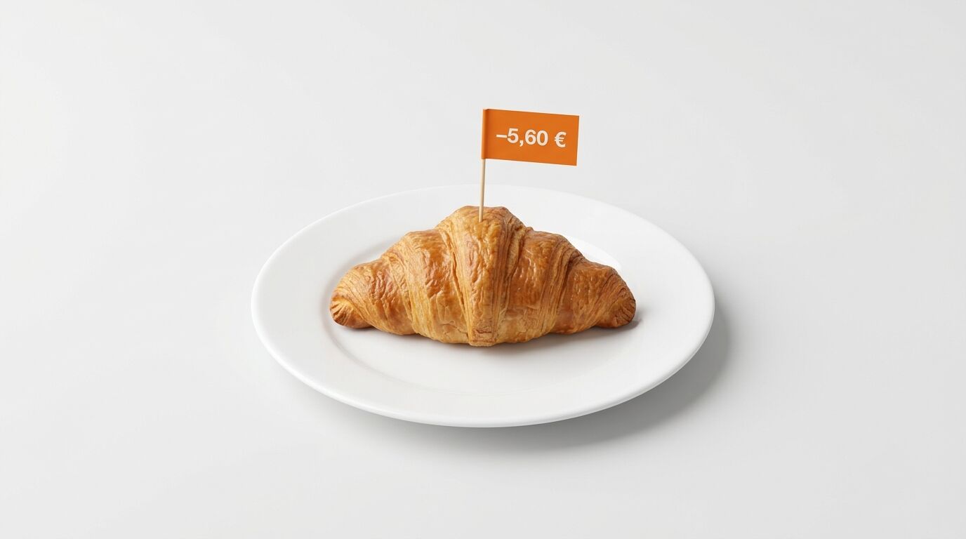 Croissant auf Teller mit einem orangen Preisfähnchen: -5,60 €