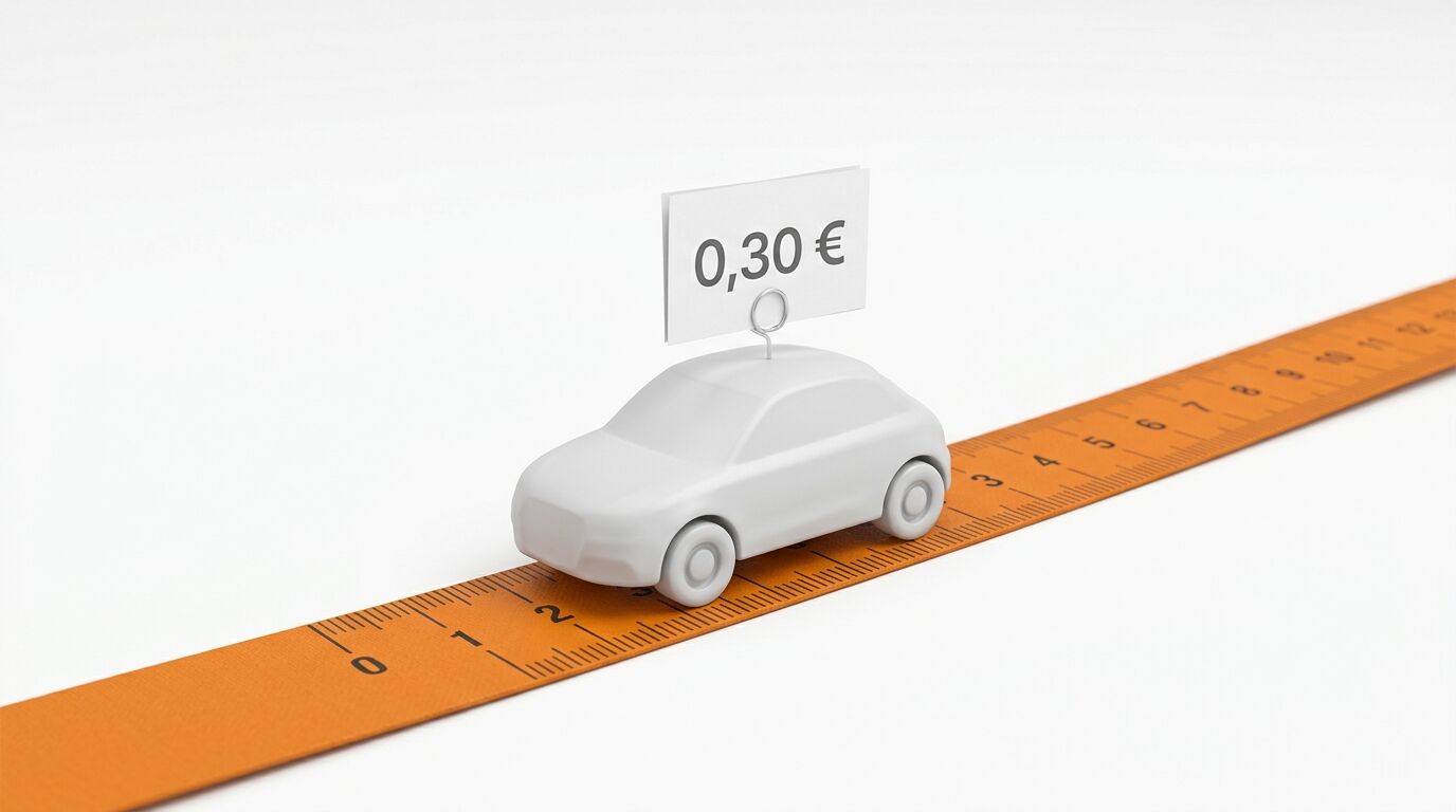 Weißes Spielzeugauto auf orangefarbenem Lineal, mit Preisschild 0,30 € darauf, vor weißem Hintergrund