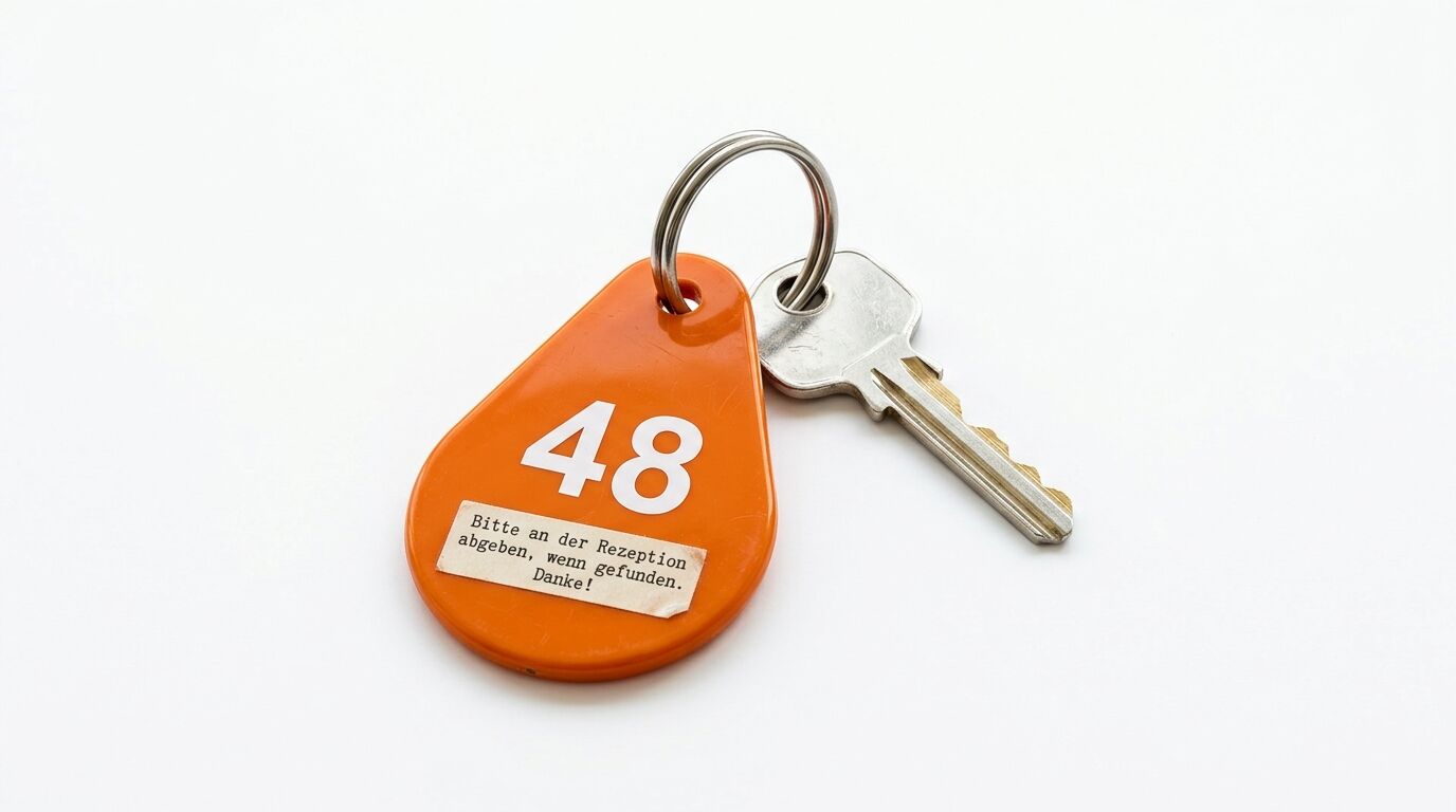 Ein Schlüssel an einem Ring mit einem orangefarbenen, tropfenförmigen Schlüsselanhänger