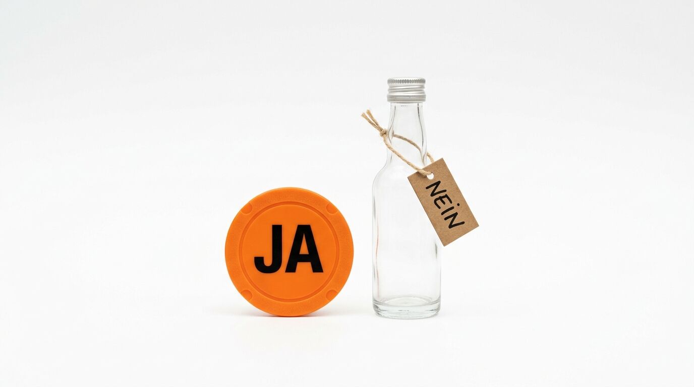 Oranger Deckel mit Aufschrift „JA“ und leere Flasche mit Anhänger „NEIN“ vor weißem Hintergrund