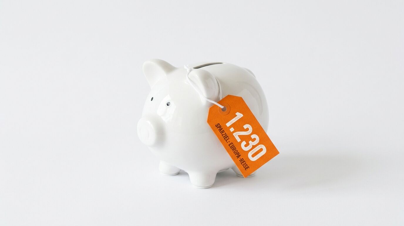 Weißes Sparschwein mit orangeroter Etikette vor weißem Hintergrund