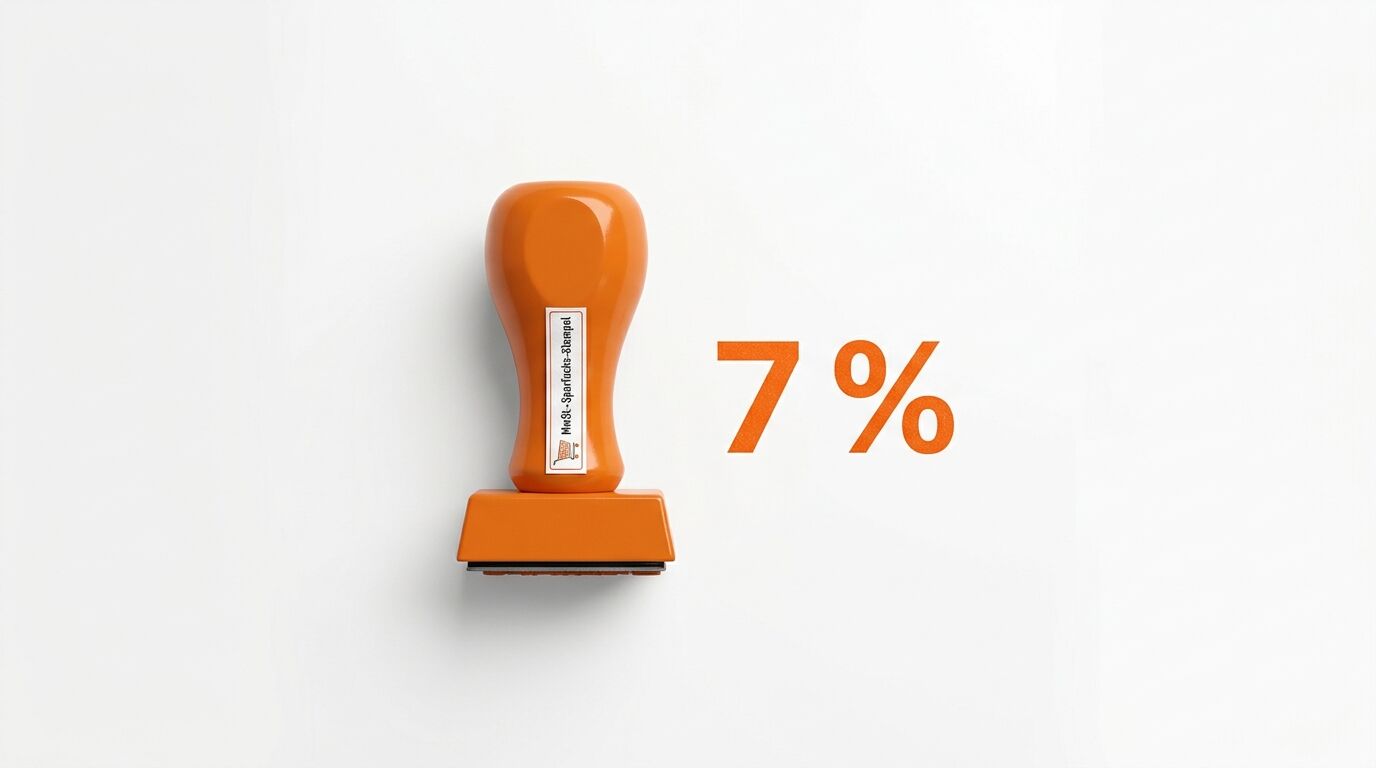 Oranger Stempel mit Etikett neben oranger Aufschrift „7%“ vor weißem Hintergrund