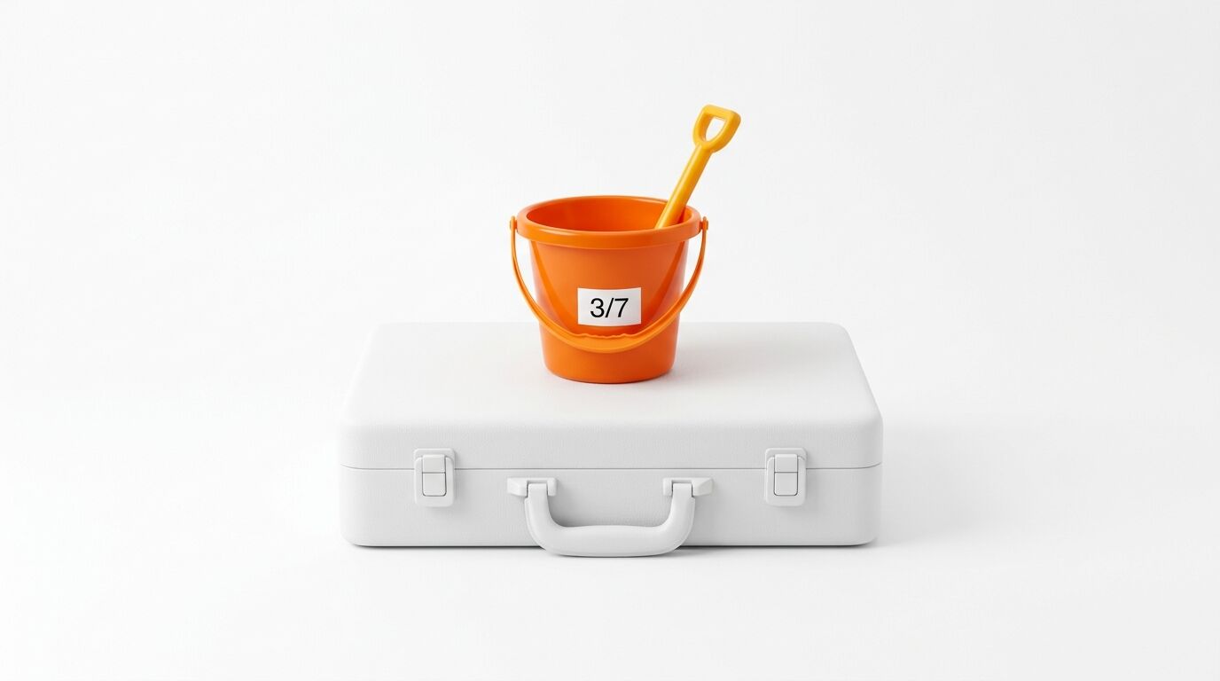 Ein orangefarbener Sandeimer mit Schaufel, beschriftet mit „3/7“, auf einem weißen Koffer