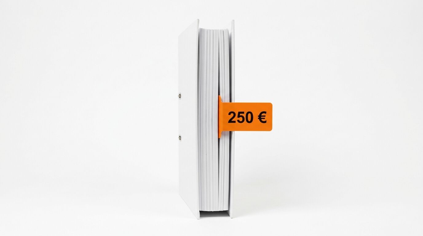 Ein senkrecht stehender weißer Ordner mit einem orangefarbenen 250 €-Schild