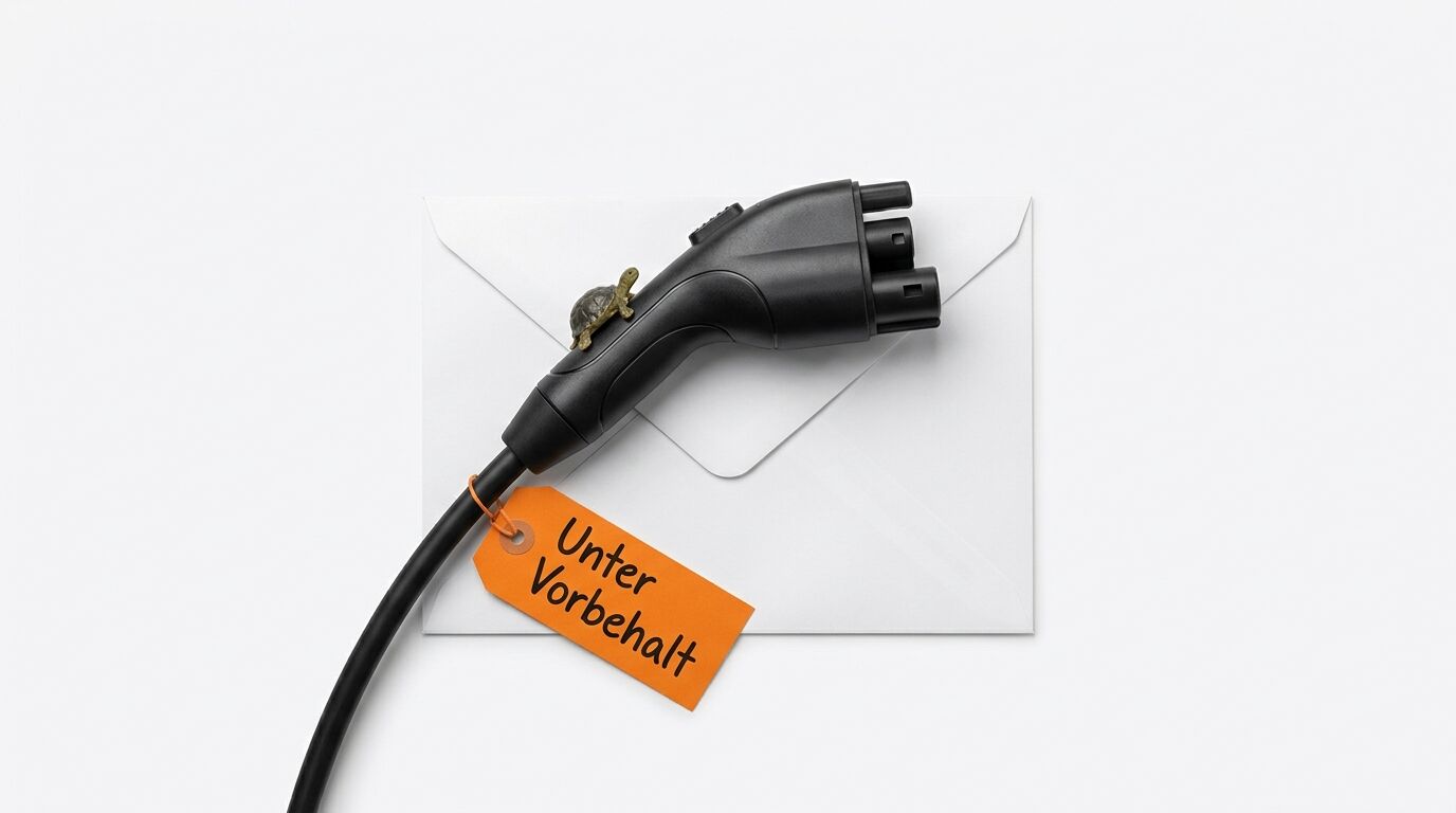 Ein Ladekabel mit Schild „Unter Vorbehalt“ und Schildkröte auf einem Briefumschlag vor Weiß