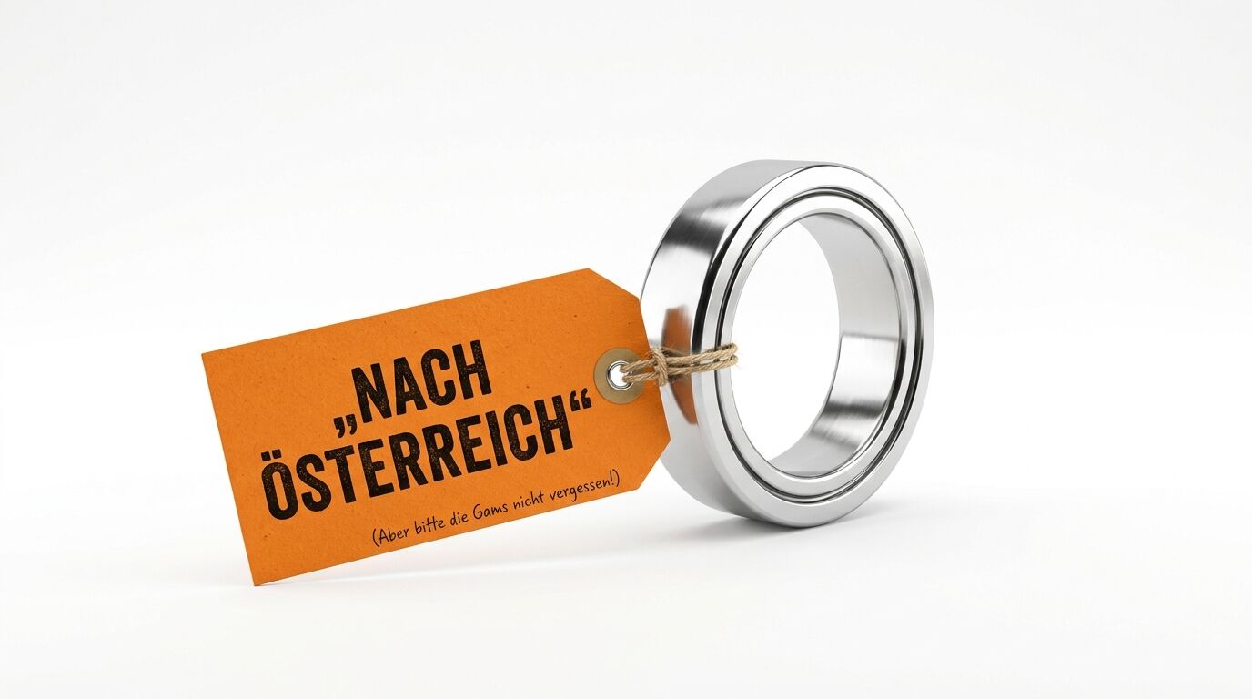Ein Kugellager mit einem orangefarbenen Anhänger vor weißem Hintergrund