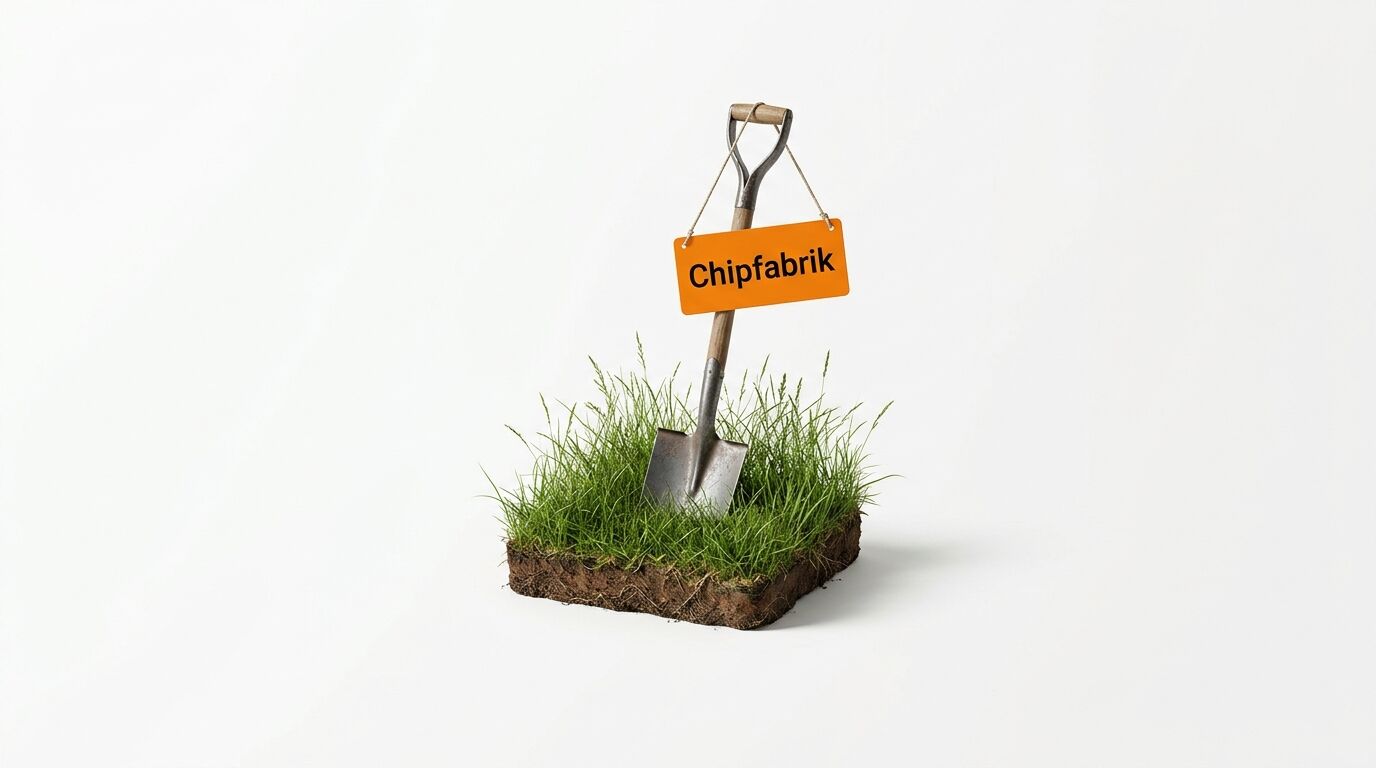Ein Spaten in einem Grasstück mit einem Schild, auf dem „Chipfabrik“ steht, vor weißem Hintergrund