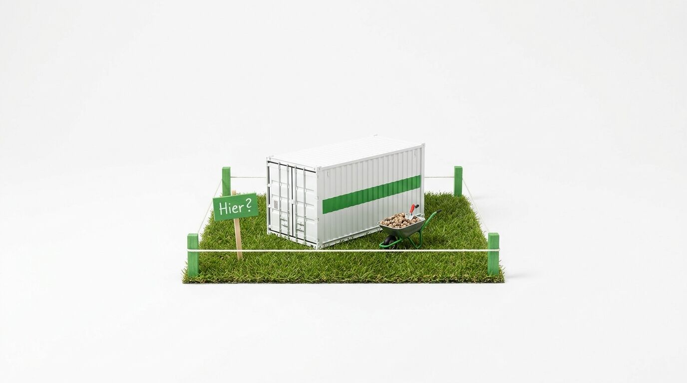 Miniaturmodell: Container auf Rasenfläche mit Zaun, Sackkarre und Schild