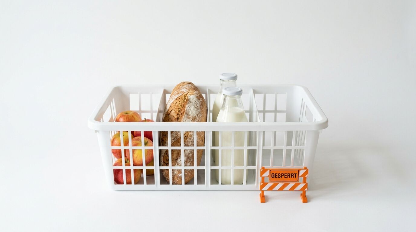 Ein Korb mit Äpfeln, Brot und Milch sowie einer orangefarbenen Schranke mit der Aufschrift GESPERRT
