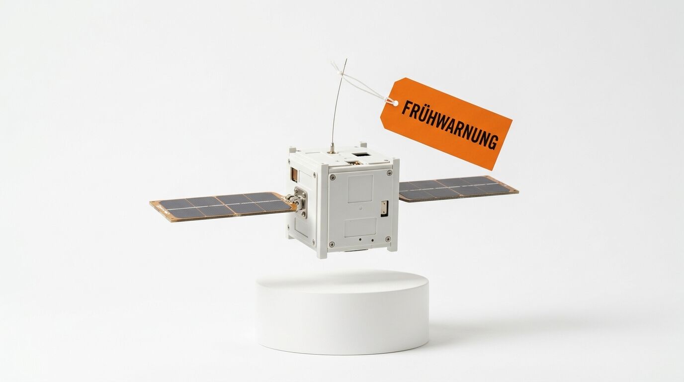 Modell eines Kleinsatelliten mit Solarpaneelen und Anhänger mit Aufschrift „Frühwarnung“