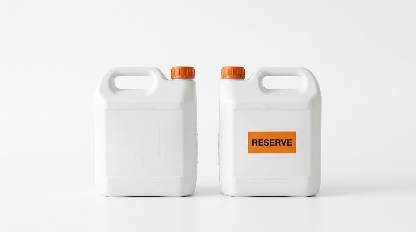 Zwei weiße Kanister, rechte mit orangefarbenem Etikett und Text „RESERVE“