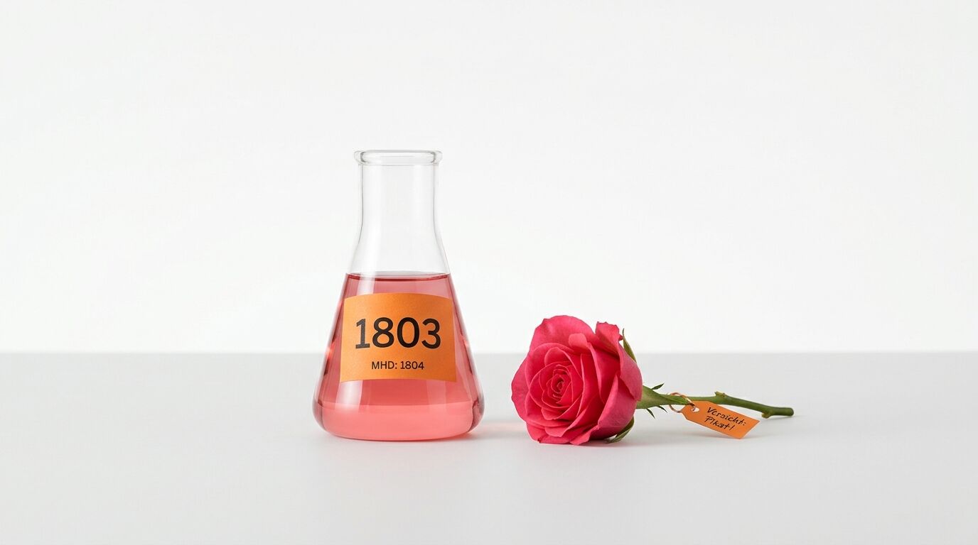 Erlenmeyerkolben mit pinker Flüssigkeit und Etikett neben pinker Rose auf weißem Tisch