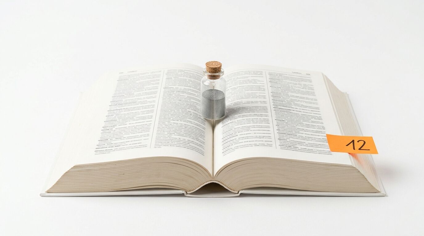 Aufgeschlagenes Buch mit einem Glasfläschchen voll grauem Granulat und einer Notiz mit der Zahl 12