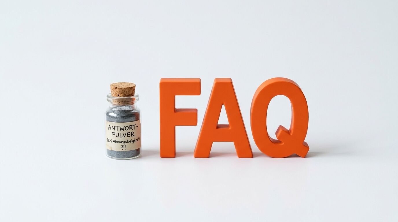 Große orangefarbene Buchstaben „FAQ“ neben einem kleinen Fläschchen mit der Aufschrift „Antwort-Pulver“ auf weißem Hintergrund