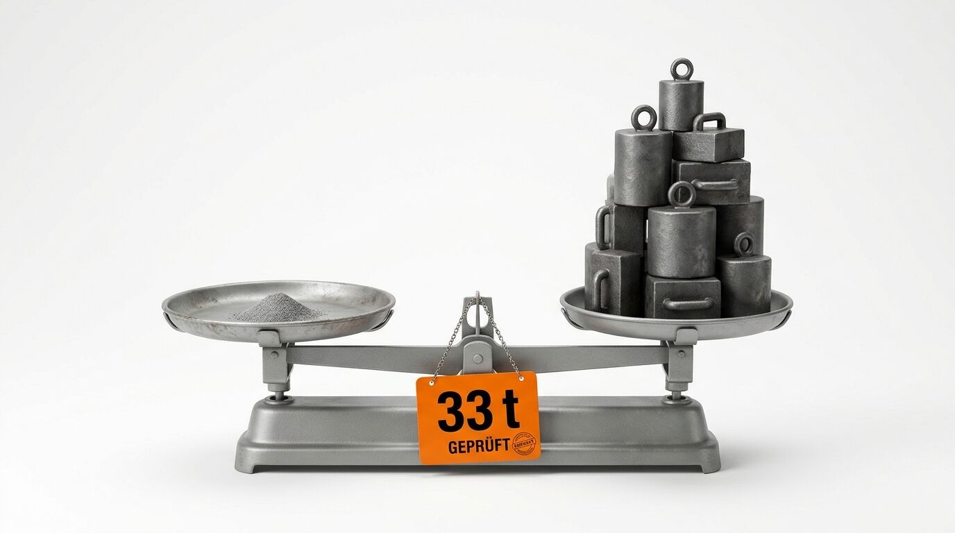 Balkenwaage mit Pulverhäufchen und gestapelten Gewichten sowie orangefarbenem „33 t“-Schild