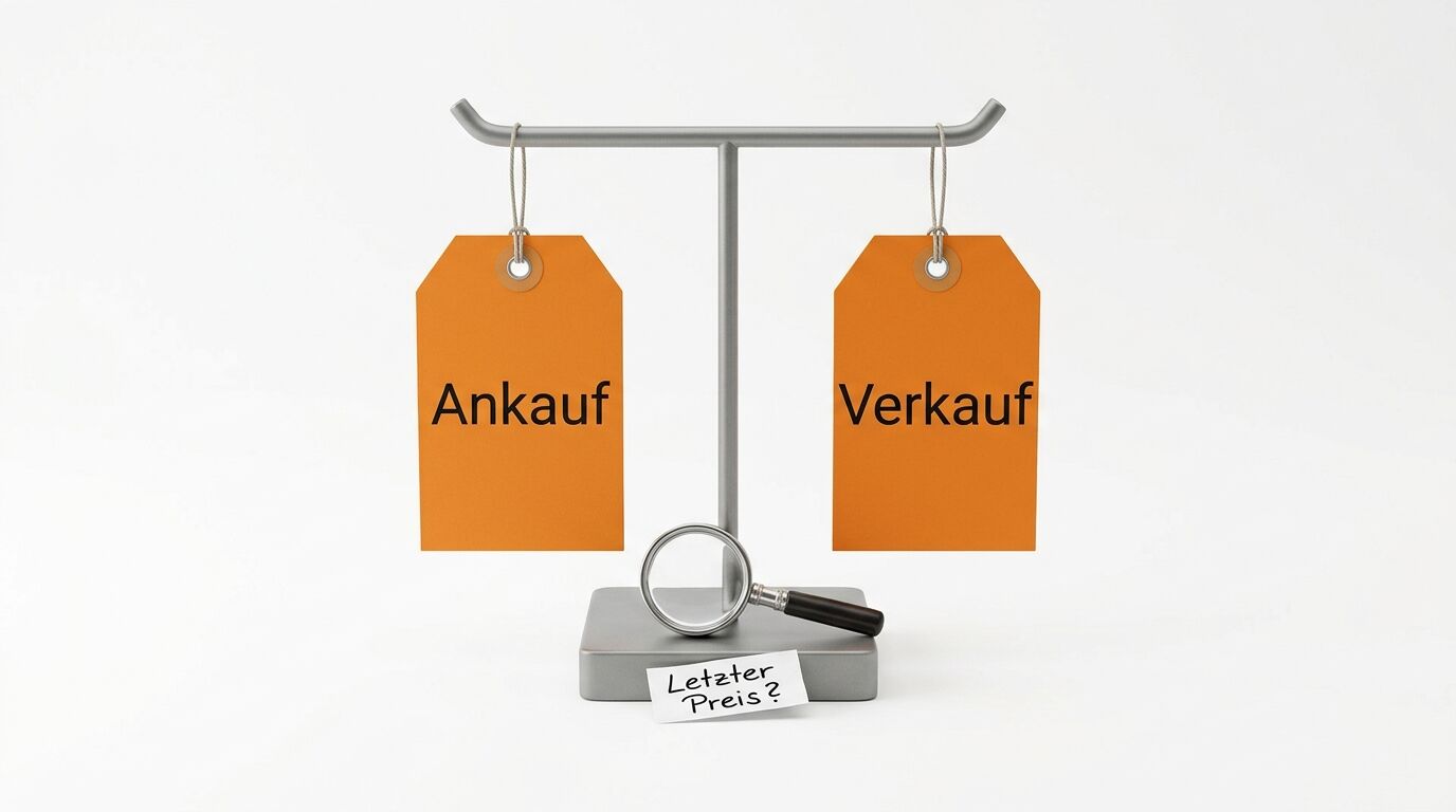 Metalleckständer mit zwei orangefarbenen Anhängern: links „Ankauf“, rechts „Verkauf“. Am Fuß eine Lupe und der handgeschriebene Zettel „Letzter Preis?“