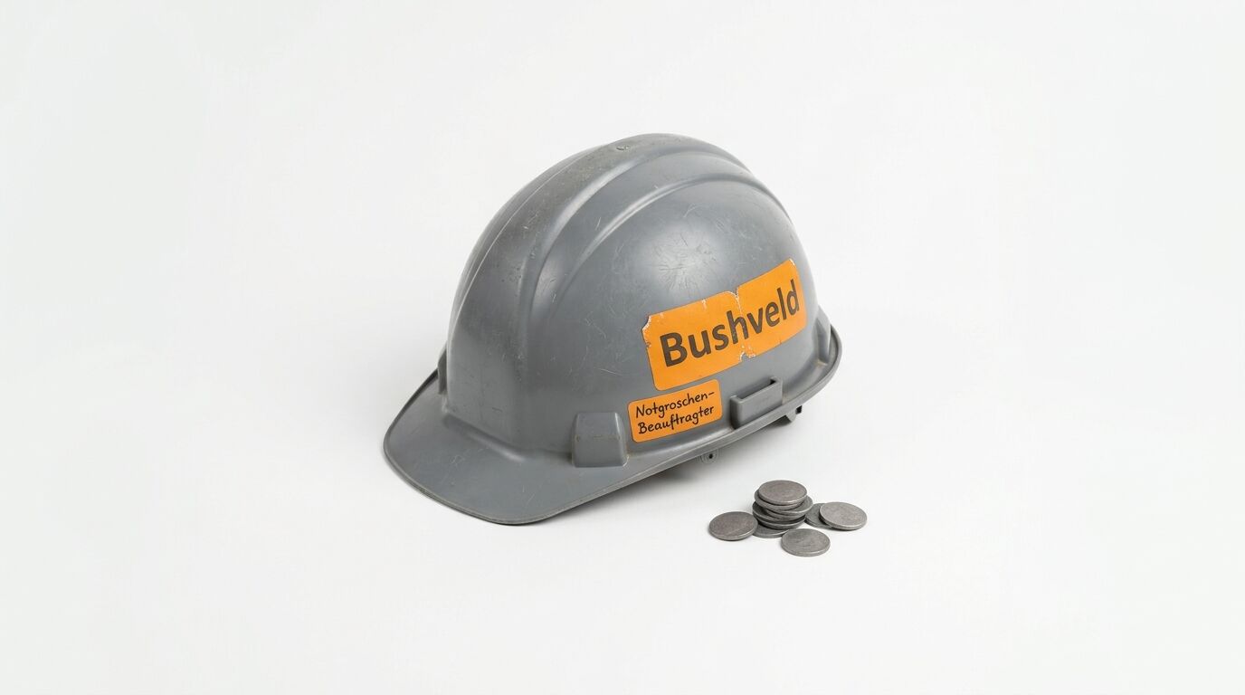 Grauer Helm mit Aufklebern „Bushveld“ und „Notgroschen-Beauftragter“ neben Münzstapel vor Weiß