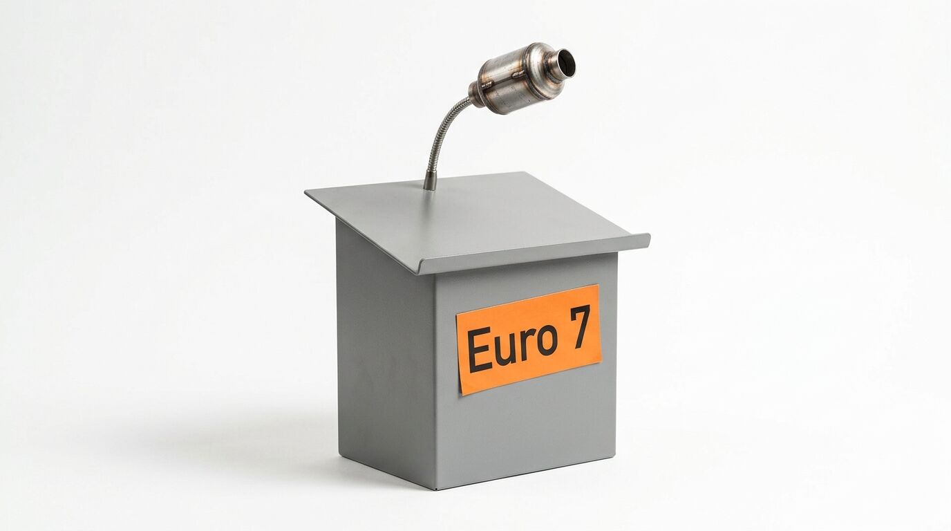 Graues Rednerpult mit Auspuff-Mikrofon und einem orangen Schild „Euro 7“ davor