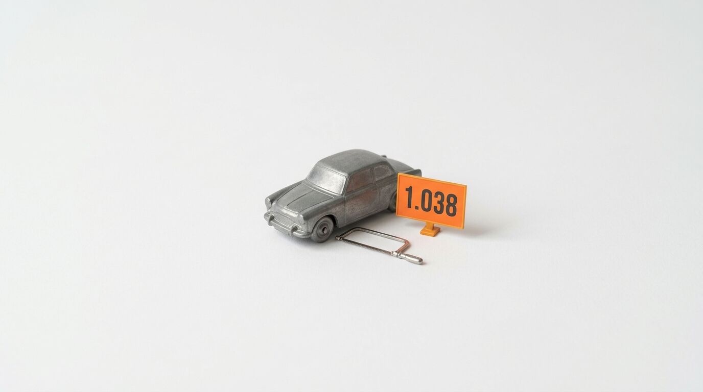 Metallenes Spielzeugauto, Minisäge und oranges Schild mit „1.038“ auf weißem Grund