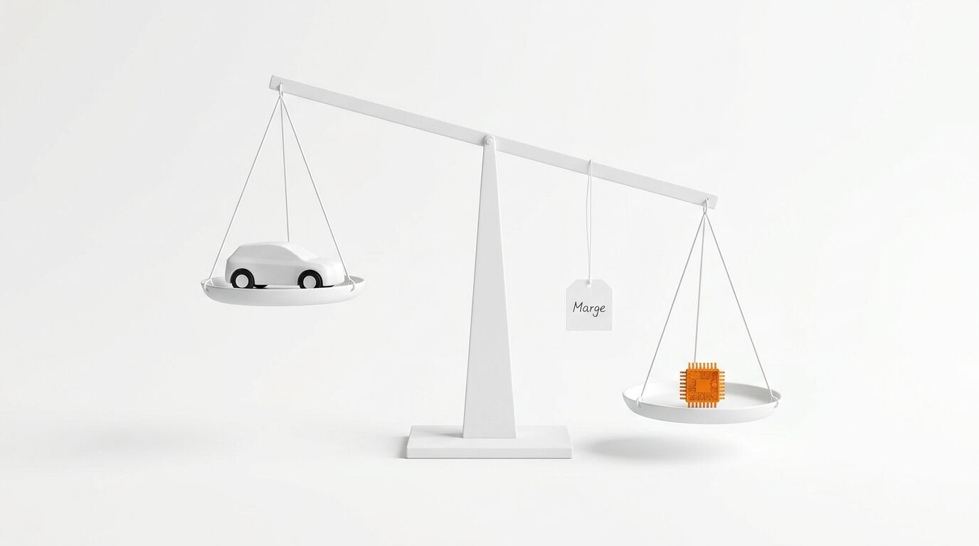 Waage mit Auto und Chip, „Marge“-Schild; Chip wiegt schwerer, symbolisiert höhere Marge