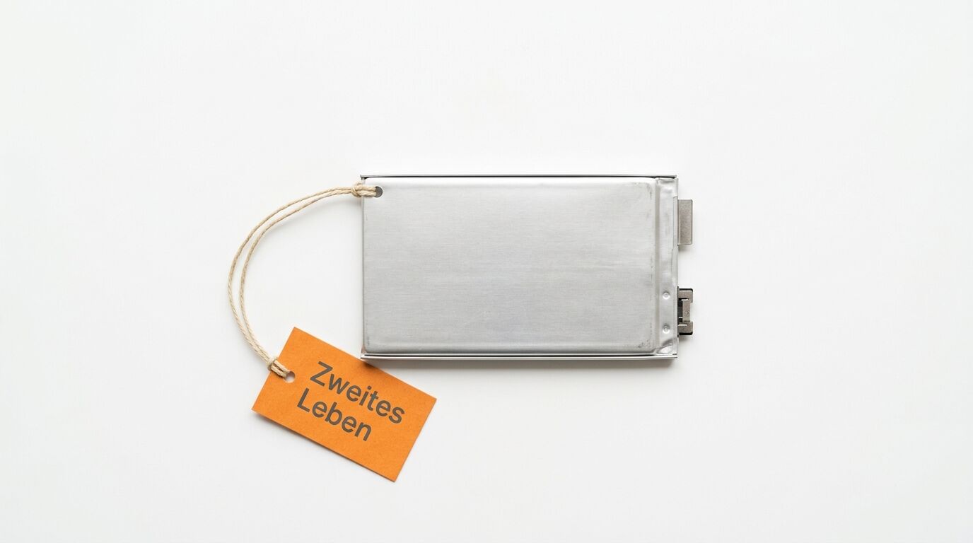 Alte Autobatterie mit orangefarbenem Etikett, darauf die Worte