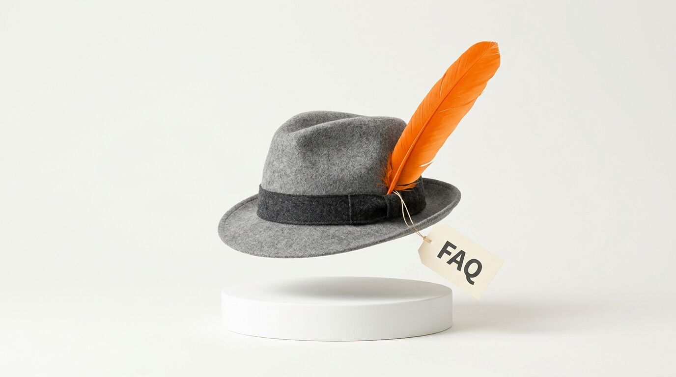 Grauer Filzhut mit oranger Feder und FAQ-Schild schwebt über weißem Podest