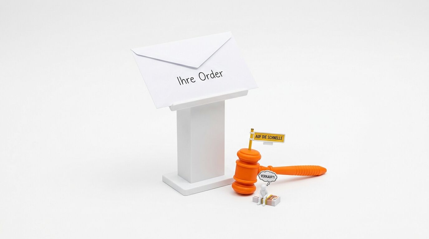 Miniatur-Auktion: Richterhammer, Rednerpult, Geldbündel und Schilder mit Text