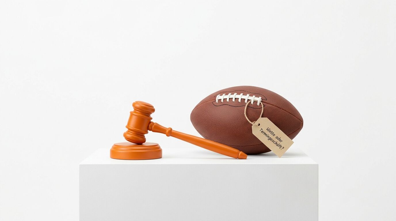 Ein Richterhammer, ein Football mit Anhänger: „Wette oder Termingeschäft?“ auf einem Sockel vor weißem Hintergrund